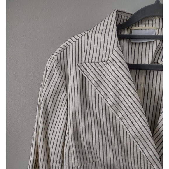 Akris Punto Silk Blazer Jacket Womens 12 Ivory Green Stripe Snap Button Coat - Picture 2 of 8